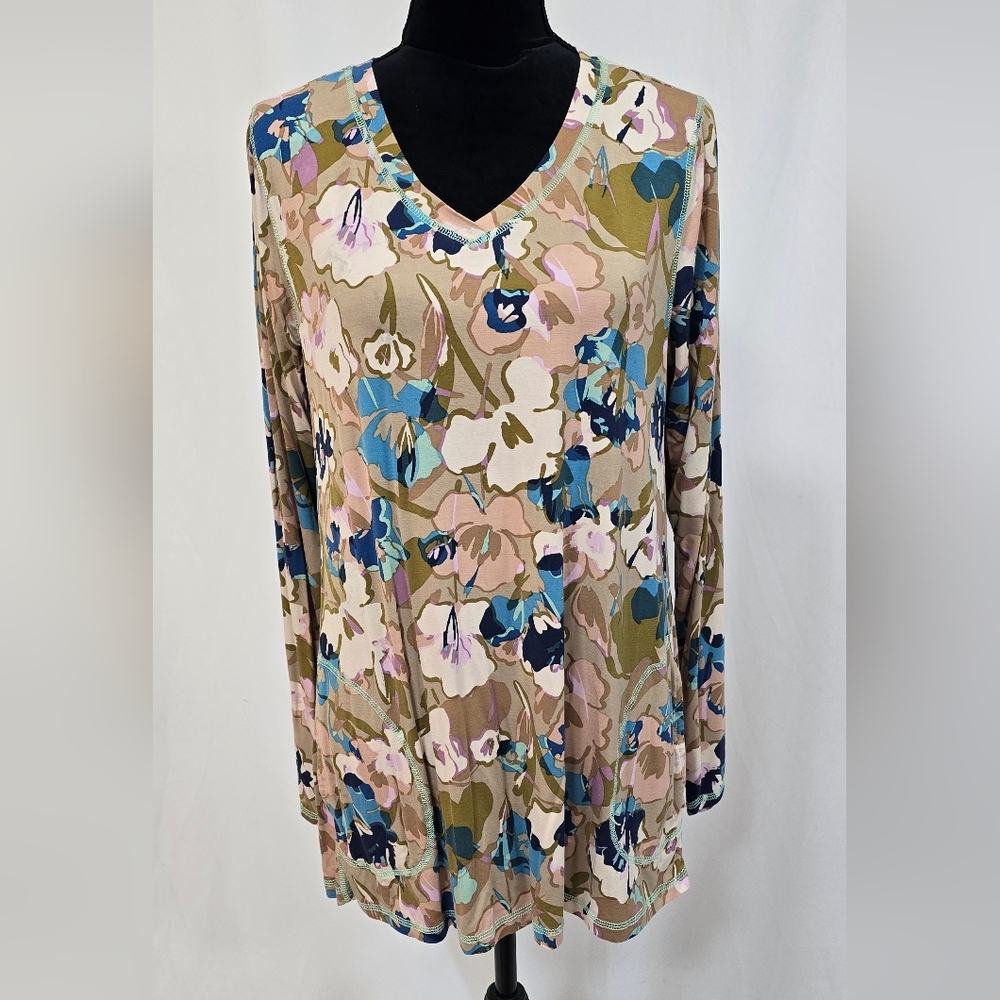 LOGO Lori Goldstein women‎ M jersey knit floral tunic pocket lagenlook resort